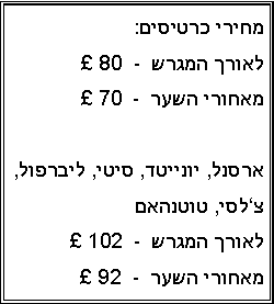 Text Box: מחירי כרטיסים:  לאורך המגרש  -   80  מאחורי השער  -   70ארסנל, יונייטד, סיטי, ליברפול, צלסי, טוטנהאםלאורך המגרש  -   102  מאחורי השער  -   92  